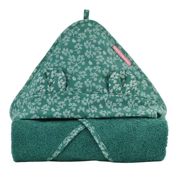 cape de bain bébé avec oreilles capuche avec motifs fleurs et lapins éponge coton bio vert sapin