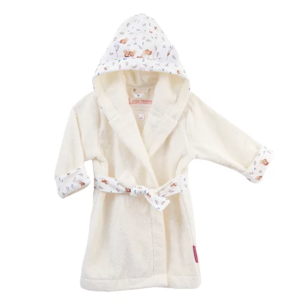 Peignoir à capuche enfant mixte écru avec capuche à oreilles imprimé noisette et écureuil en coton bio oekotex