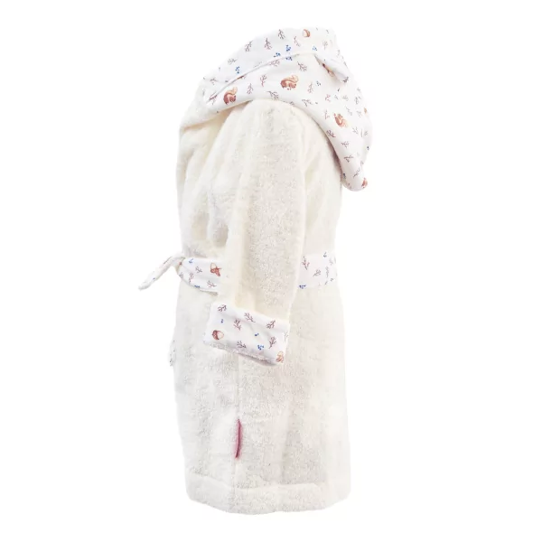 Peignoir à capuche enfant mixte écru avec capuche à oreilles imprimé noisette et écureuil en coton bio oekotex