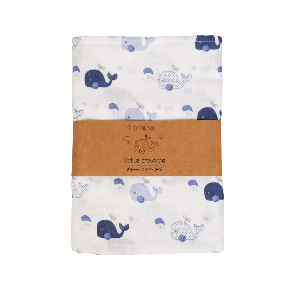 maxi-lange bébé mixte garçon fille blanc et bleu motif baleine en coton bio oekotex
