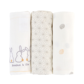 lot de 3 langes bébé mixte fille garçon blanc motif lapin en coton bio oekotex