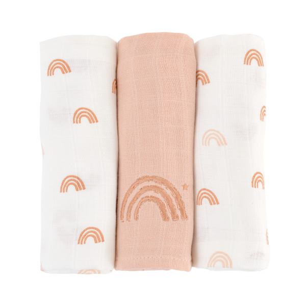 lot de 3 langes bébé blanc motif arc-en-ciel rose corail et terracotta en coton bio oekotex