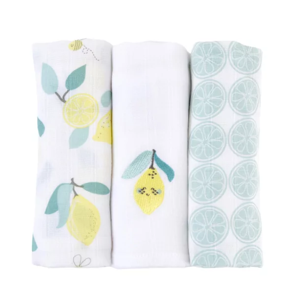 lot de 3 langes bébé mixte garçon fille blanc motif citrons jaune et bleu en coton bio oekotex