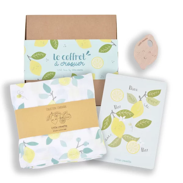 Coffret cadeau bebe citron avec maxi-lange en coton bio et oekotex, carte et anneau de dentition fabrique en france