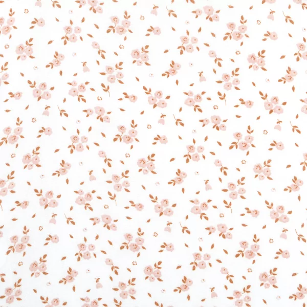 imprimé petites fleurs rose et caramel en lange coton bio fond blanc cassé