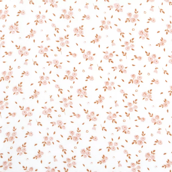 couverture bébé en lange coton bio imprimée fleurs roses et caramel sur fond écru