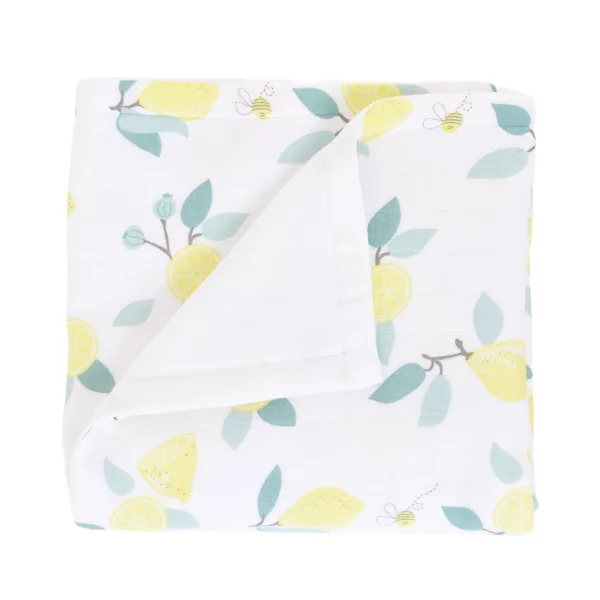 couverture bébé en lange coton bio imprimée citrons jaunes et bleus sur fond blanc