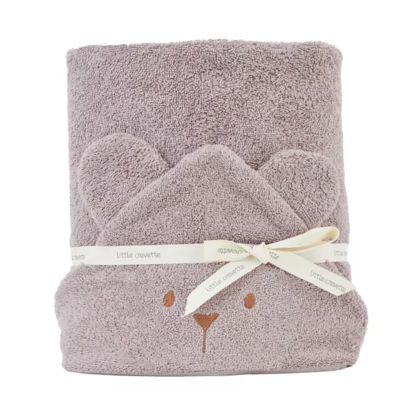 cape de bain bébé rectangulaire parme lilas en éponge coton bio et oreilles sur la capuche