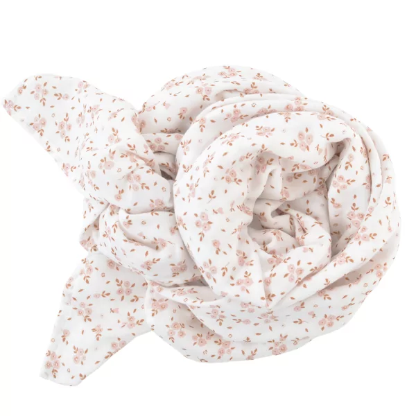 maxi lange 120x120 cm en coton bio motif de fleurs rose et caramel