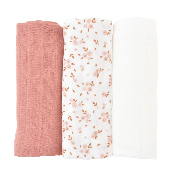 lot de 3 langes bébé blanc motif fleur rose et caramel, écru et bois de rose en coton bio oekotex