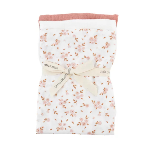 lot de 3 langes bébé blanc motif fleur rose et caramel, écru et bois de rose en coton bio oekotex