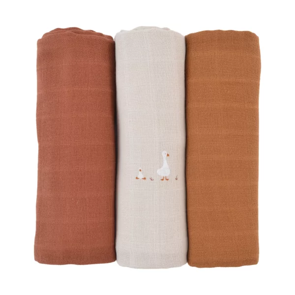 lot de 3 langes bébé blanc motif de petites oies, tonka et caramel en coton bio oekotex