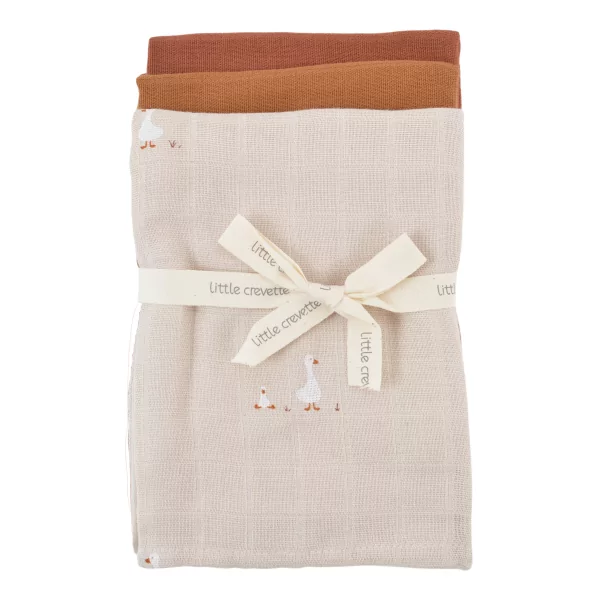 lot de 3 langes bébé blanc motif de petites oies, tonka et caramel en coton bio oekotex