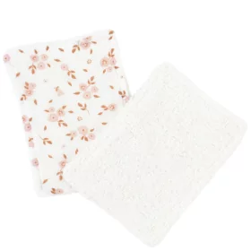 lingettes bébé en tissu lavable et réutilisable gaze de coton et éponge écru motif fleuri rose et caramel coton bio et oekotex