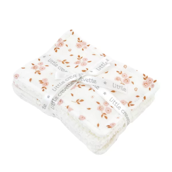 lingettes bébé en tissu lavable et réutilisable gaze de coton et éponge écru motif fleuri rose et caramel coton bio et oekotex