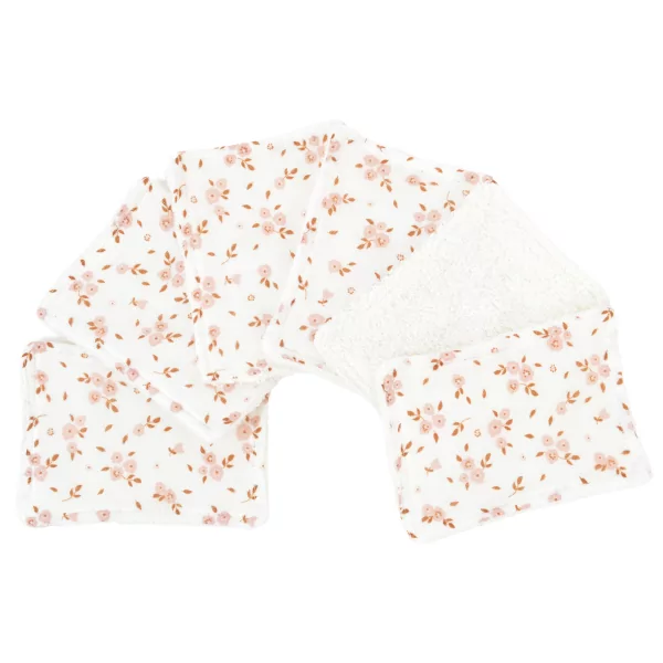 lingettes bébé en tissu lavable et réutilisable gaze de coton et éponge écru motif fleuri rose et caramel coton bio et oekotex