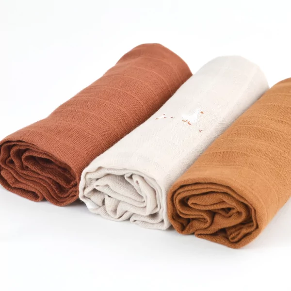 lot de 3 langes bébé blanc motif de petites oies, tonka et caramel en coton bio oekotex