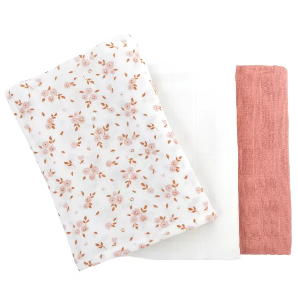 lot de 3 langes bébé blanc motif fleur rose et caramel, écru et bois de rose en coton bio oekotex