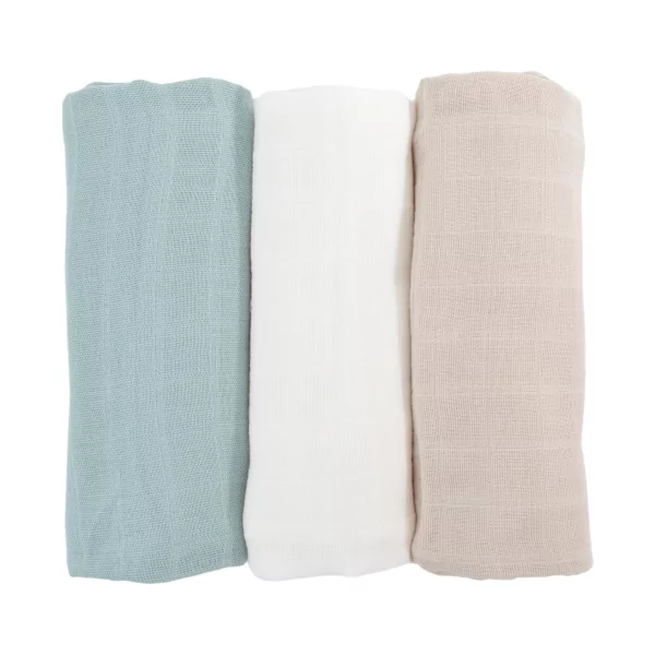 lot de 3 langes bébé uni écru, sable et vert sauge en coton bio oekotex