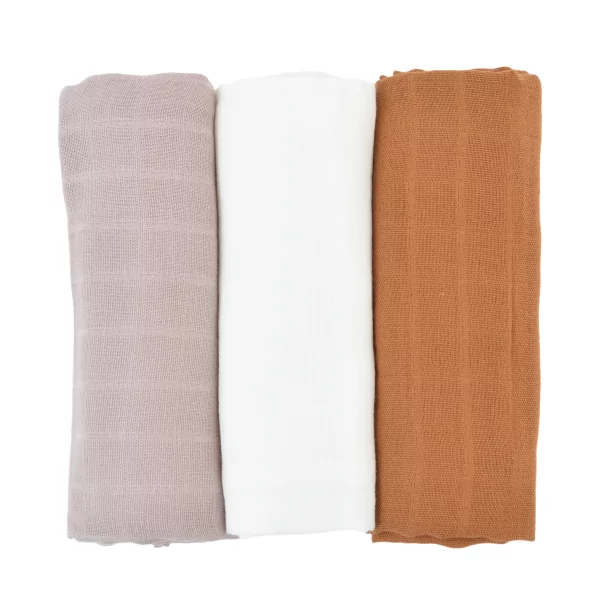 lot de 3 langes bébé uni caramel, lilas et écru en coton bio oekotex