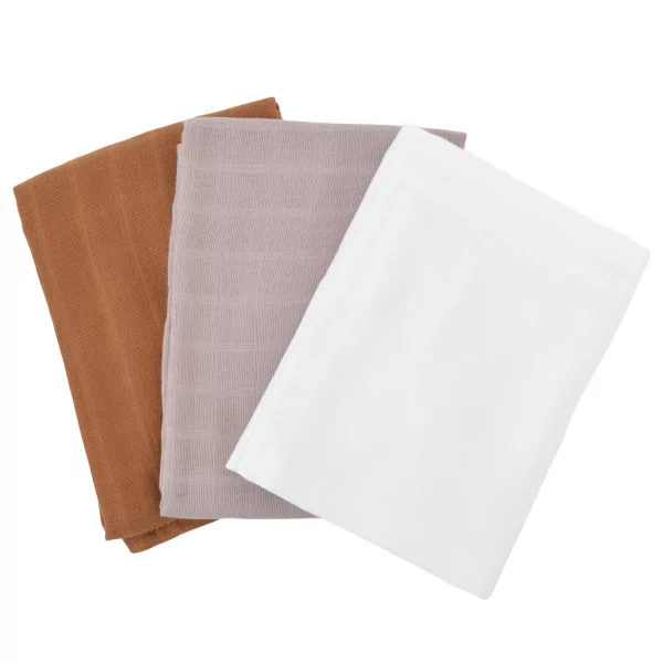 lot de 3 langes bébé uni caramel, lilas et écru en coton bio oekotex