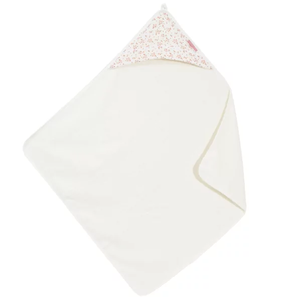 cape de bain bébé capuche avec motif fleuri rose et caramel éponge coton bio écru