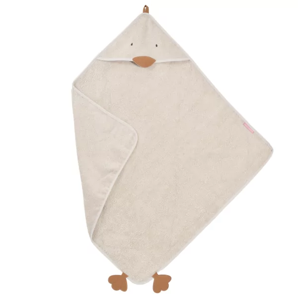 cape de bain bébé capuche avec motif visage oie bec et pattes éponge coton bio sable