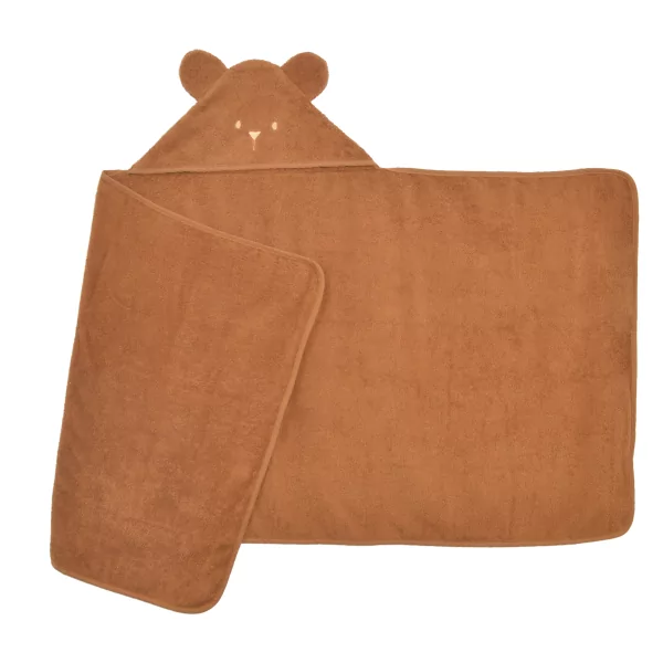 cape de bain bébé rectangulaire à oreilles ourson caramel coton bio oeko-tex