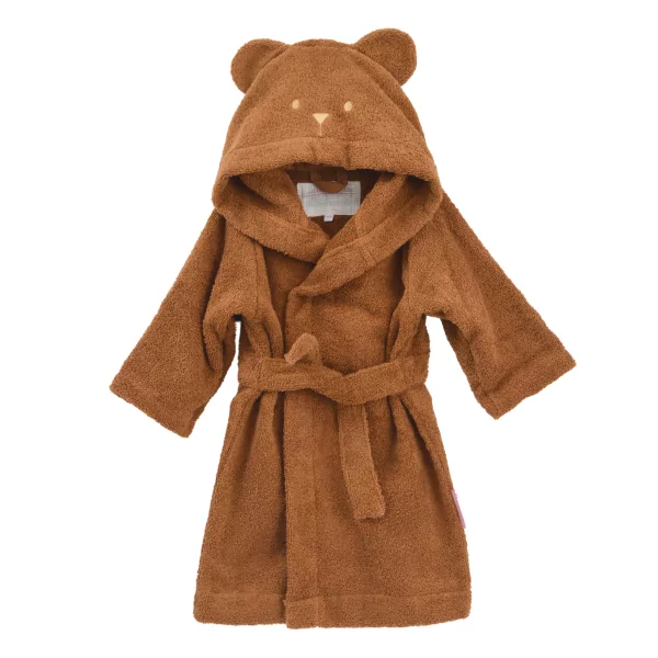 Peignoir à capuche enfant caramel avec capuche à oreilles en éponge coton bio oekotex