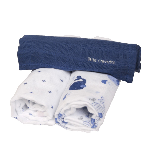 lot de 3 langes bébé mixte garçon fille blanc et bleu motif baleine en coton bio oekotex