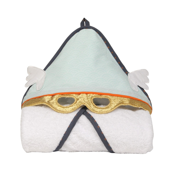 Sortie de bain blanche et bleue avec masque Superhéros sur la capuche avec éclair doré en coton bio oekotex