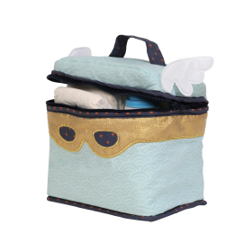 Trousse de toilette originale Super-héros pour bébé et enfant fille ou garçon bleu turquoise et doré intérieur PVC coton bio