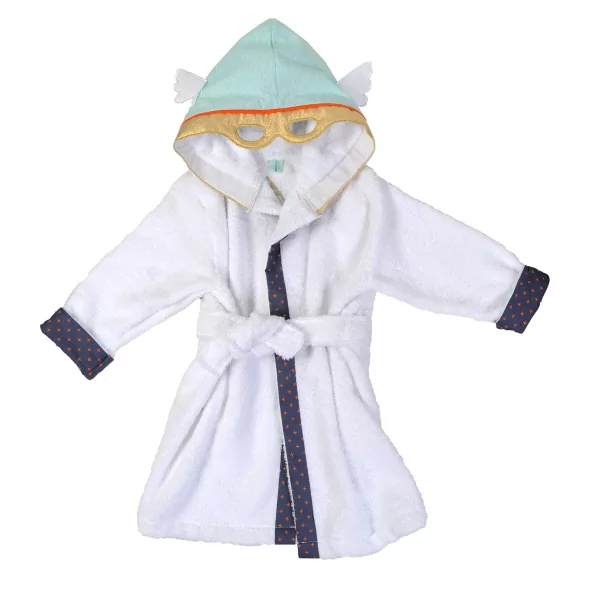 Peignoir à capuche enfant bleu et blanc mixte garçon fille masque super héros sur la capuche en coton bio oekotex