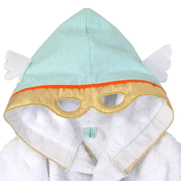 Peignoir à capuche enfant bleu et blanc mixte garçon fille masque super héros sur la capuche en coton bio oekotex