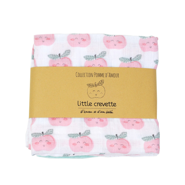 lot de 3 langes bébé fille blanc bleu et rose motif pomme en coton bio oekotex