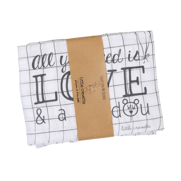 maxi-lange bébé mixte fille garçon blanc à carreaux all you need is love and a doudou en coton bio oekotex