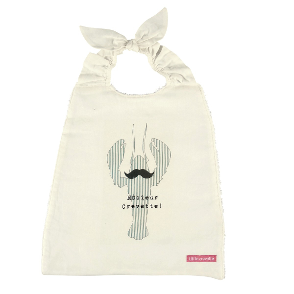 Serviette bavoir élastiqué blanc garçon motif homard moustache en coton bio oekotex
