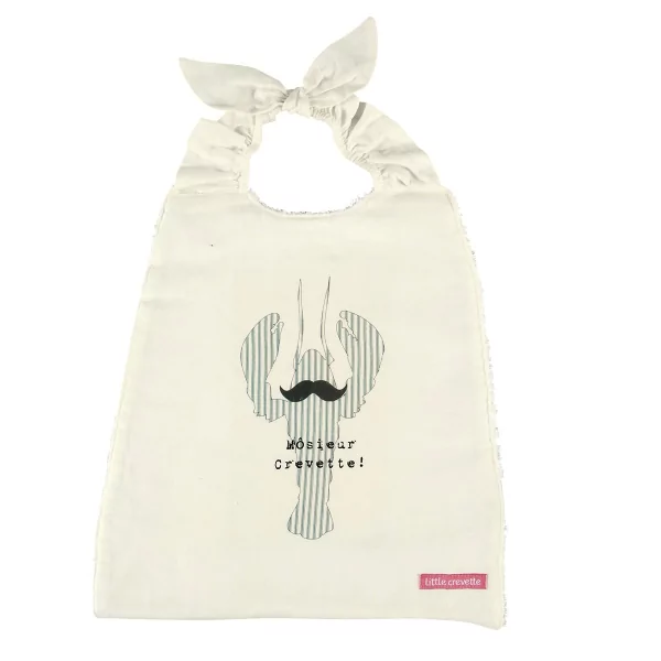 Serviette bavoir élastiqué blanc garçon motif homard moustache en coton bio oekotex