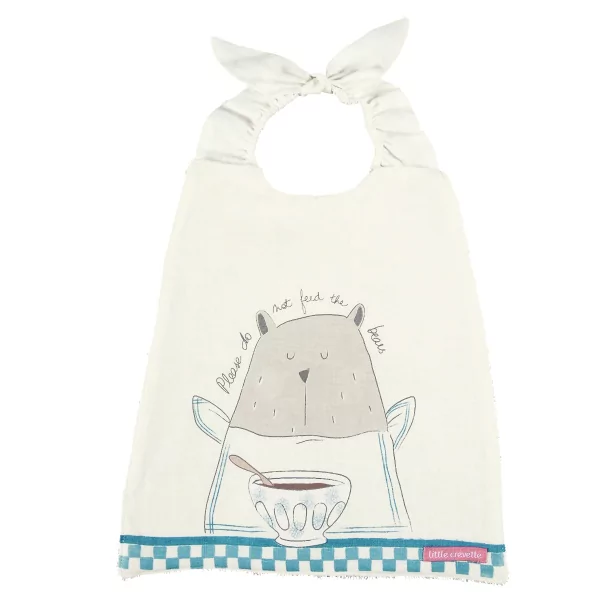 Serviette bavoir élastiqué blanc mixte fille garçon motif ours qui mange en coton bio oekotex