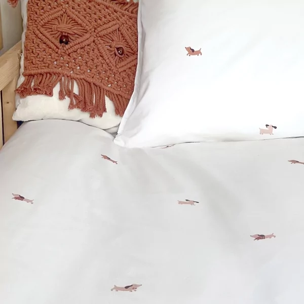 parure de lit enfant chiens teckels avec taie et housse de couette 140x200 cm en coton bio made in france