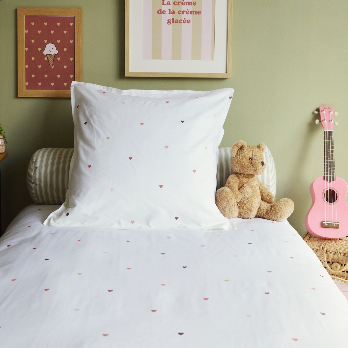 Little Crevette - Parure de lit enfant taie et housse de couette 140x200 cm coton Petit Coeur MADE IN FRANCE