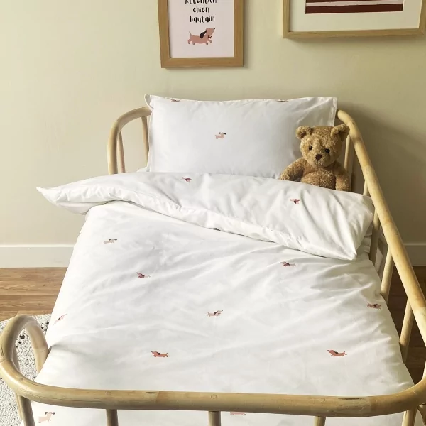 parure de lit bébé housse de couette 100x140 cm et taie d'oreiller en coton bio MADE IN FRANCE imprimé teckels