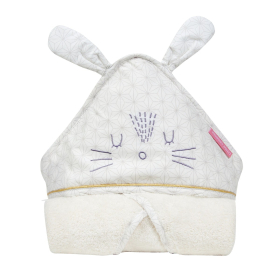 Cape de bain mixte fille garçon écru broderie visage avec oreilles de lapin Pompom en coton bio oekotex