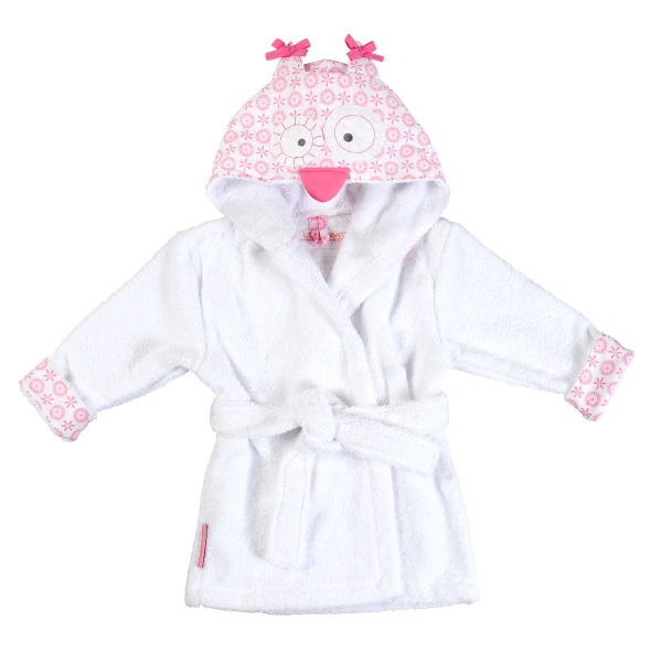 Peignoir à capuche enfant fille hibou rose en coton bio oekotex