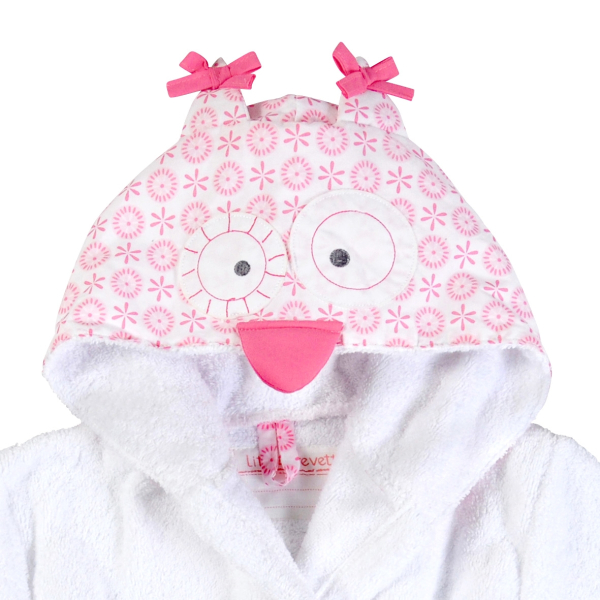 Peignoir à capuche enfant fille hibou rose en coton bio oekotex
