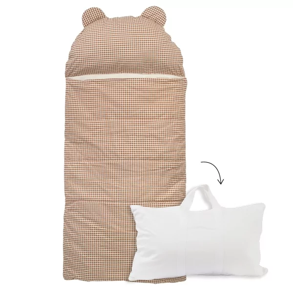 sac de couchage enfant avec oreiller intégré et sac de rangement motif vichy caramel