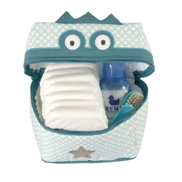 Trousse de toilette originale bébé enfant fille ou garçon forme crocodile verte intérieur PVC coton bio