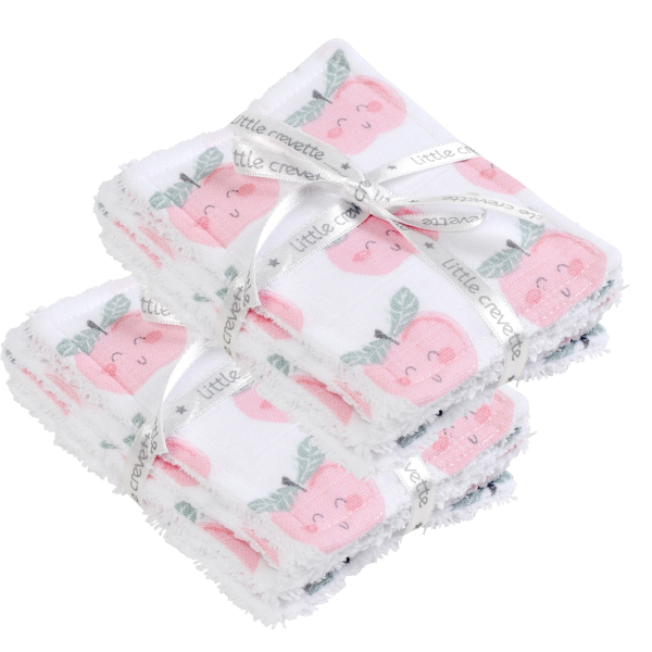 lingettes bébé en tissu lavable et réutilisable gaze de coton et éponge motif pomme rose coton bio et oekotex