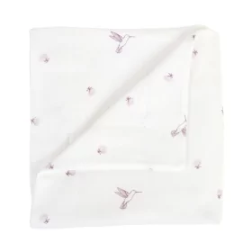 couverture bébé en double-gaze coton bio imprimée colibris et fleurs parme et violet