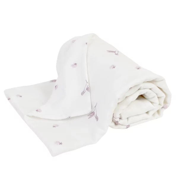 couverture bébé en double-gaze coton bio imprimée colibris et fleurs parme et violet